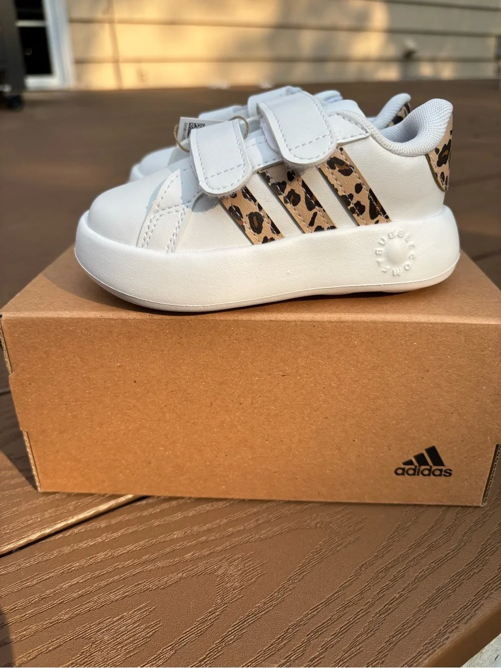 adidas White Kids Sneakers with Leopard-Print Stripes